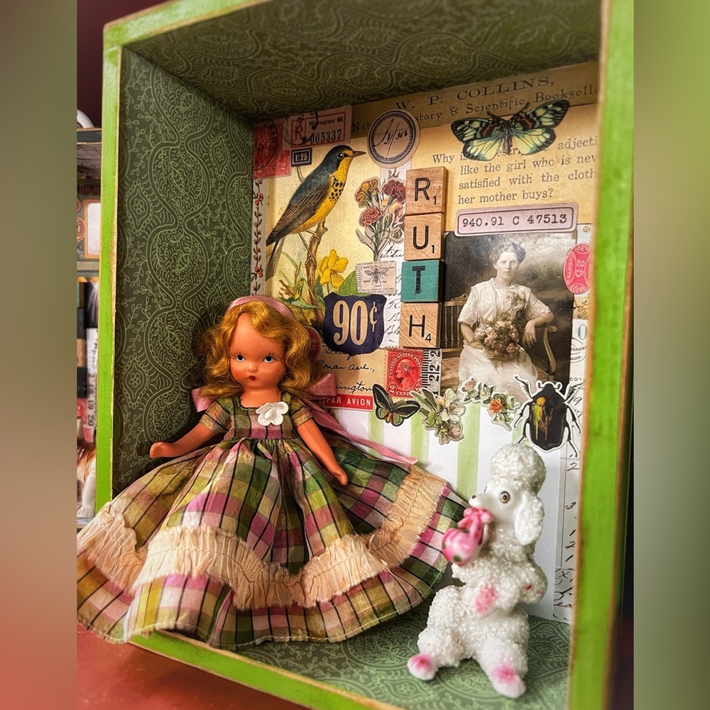 8”x10” Diorama with vintage doll and poodle